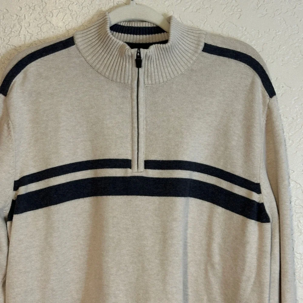 Eddie Bauer Quarter Zip Sweater Ivory Beige XL Striped‎ Pullover Cotton Casual